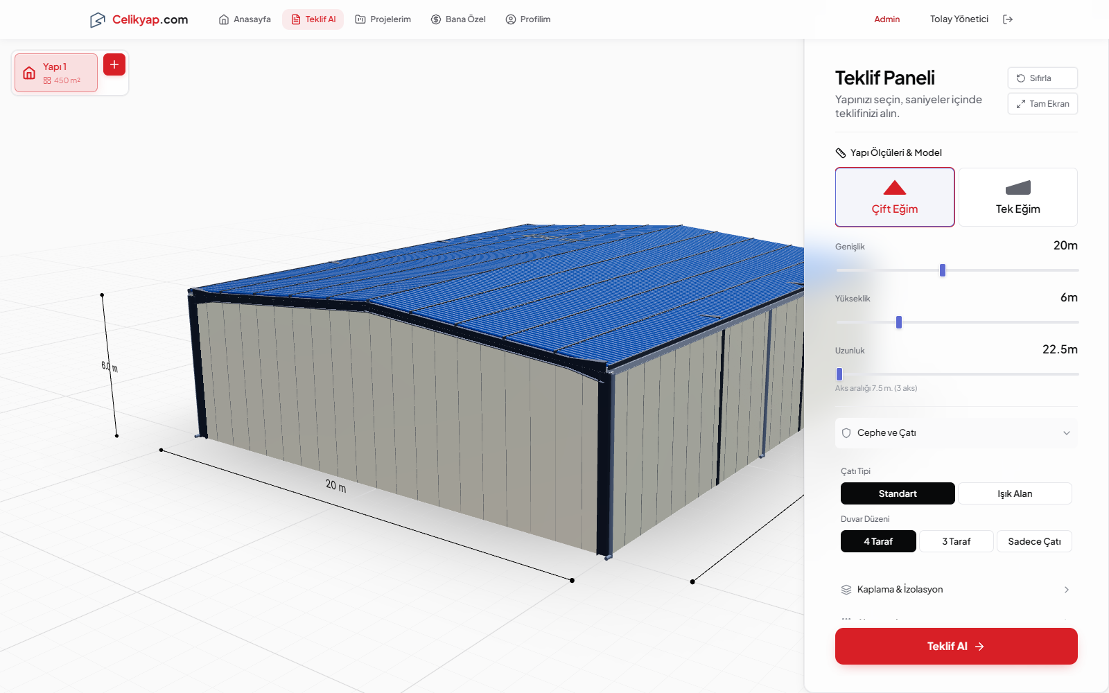Teklif Paneli — canlı 3D model, ölçü ayarları ve anında teklif