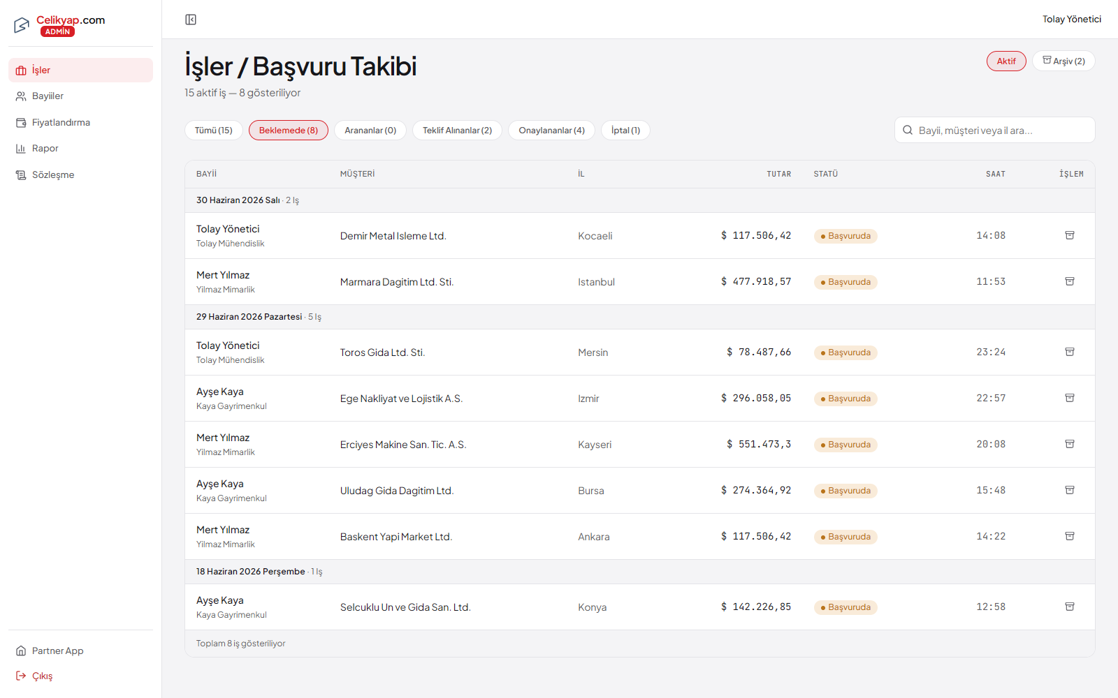 İşler — teklif ve başvuru takibi (CRM)